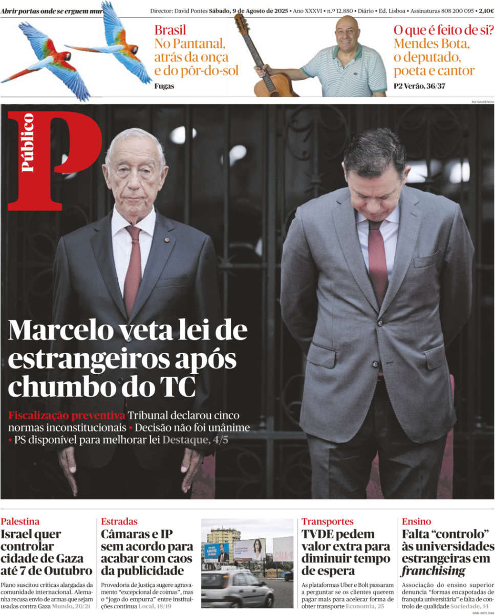 P&uacute;blico: Capa da Edi&ccedil;&atilde;o de s&aacute;bado, 09 de agosto 2025