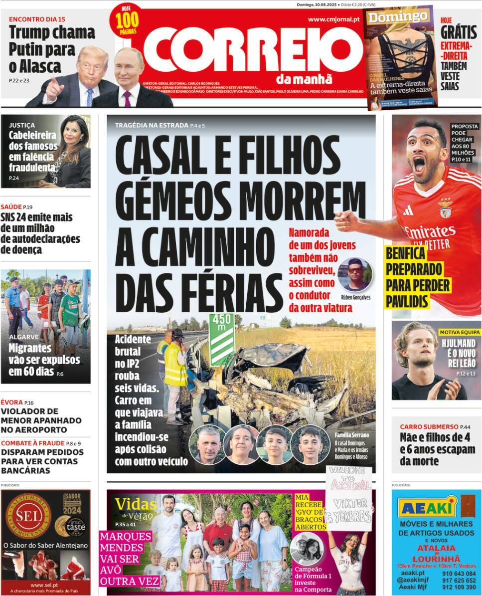 Correio da Manh&atilde;: Capa da Edi&ccedil;&atilde;o de domingo, 10 de agosto 2025