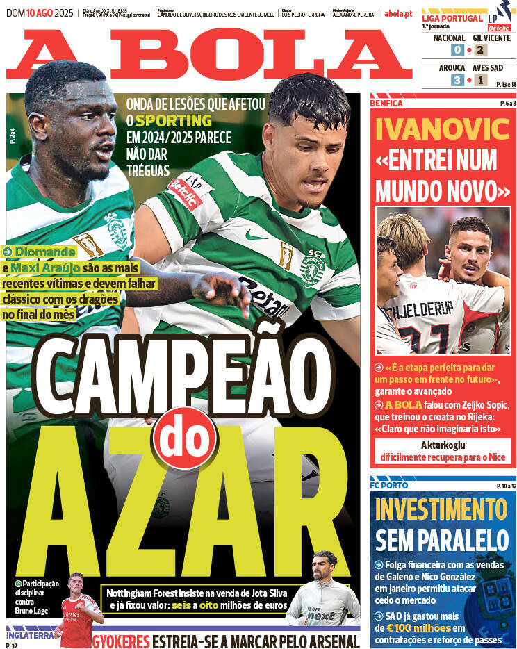 A Bola: Capa da Edi&ccedil;&atilde;o de domingo, 10 de agosto 2025