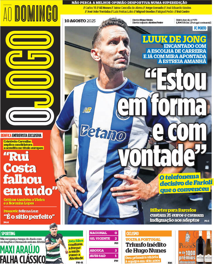 O Jogo: Capa da Edi&ccedil;&atilde;o de domingo, 10 de agosto 2025