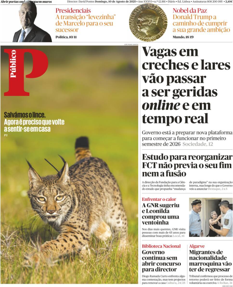 P&uacute;blico: Capa da Edi&ccedil;&atilde;o de domingo, 10 de agosto 2025