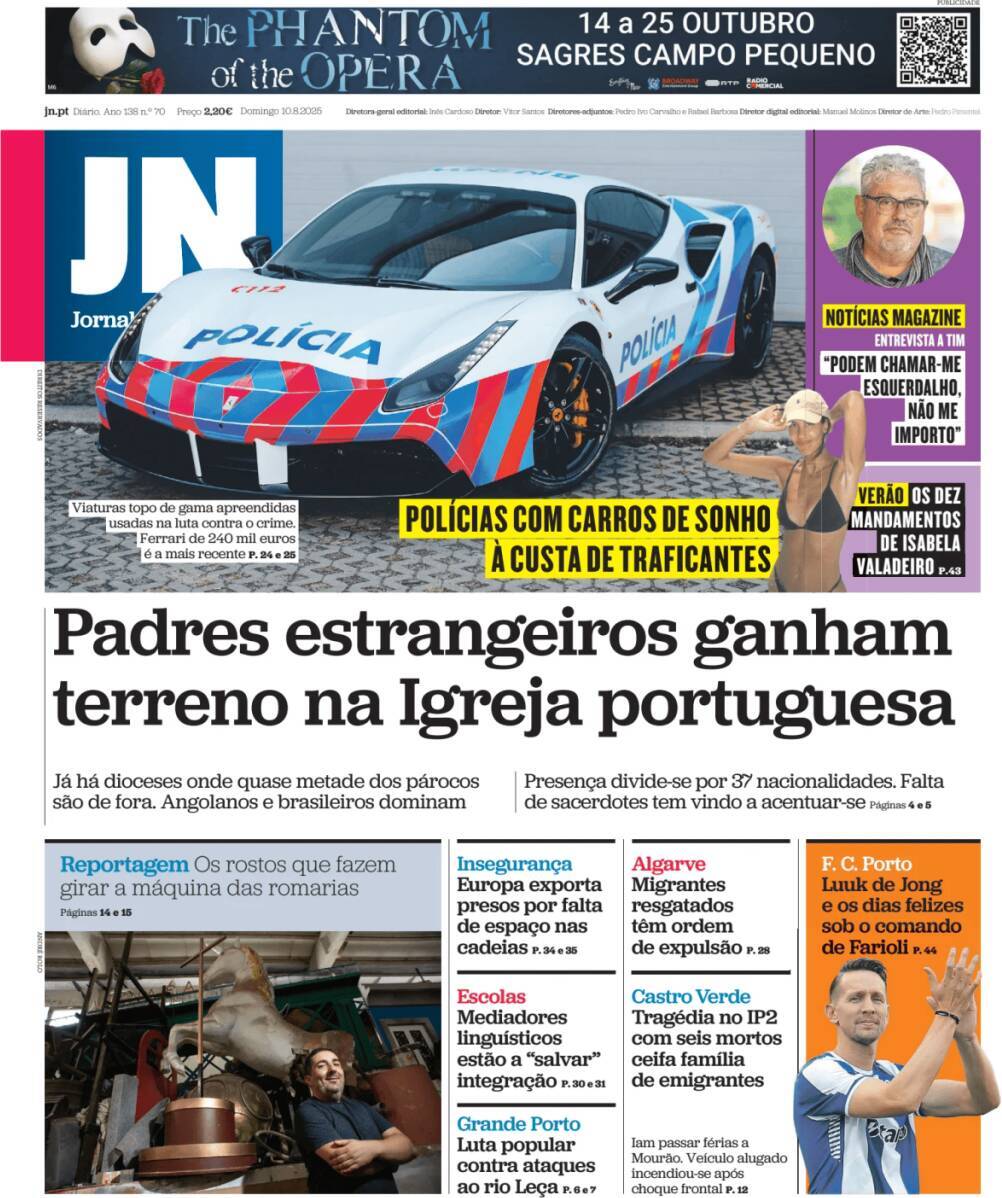 Jornal de Not&iacute;cias: Capa da Edi&ccedil;&atilde;o de domingo, 10 de agosto 2025