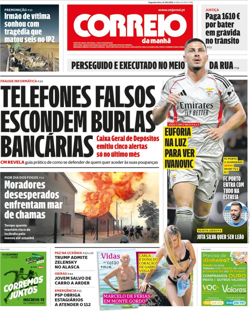 Correio da Manh&atilde;: Capa da Edi&ccedil;&atilde;o de segunda-feira, 11 de agosto 2025