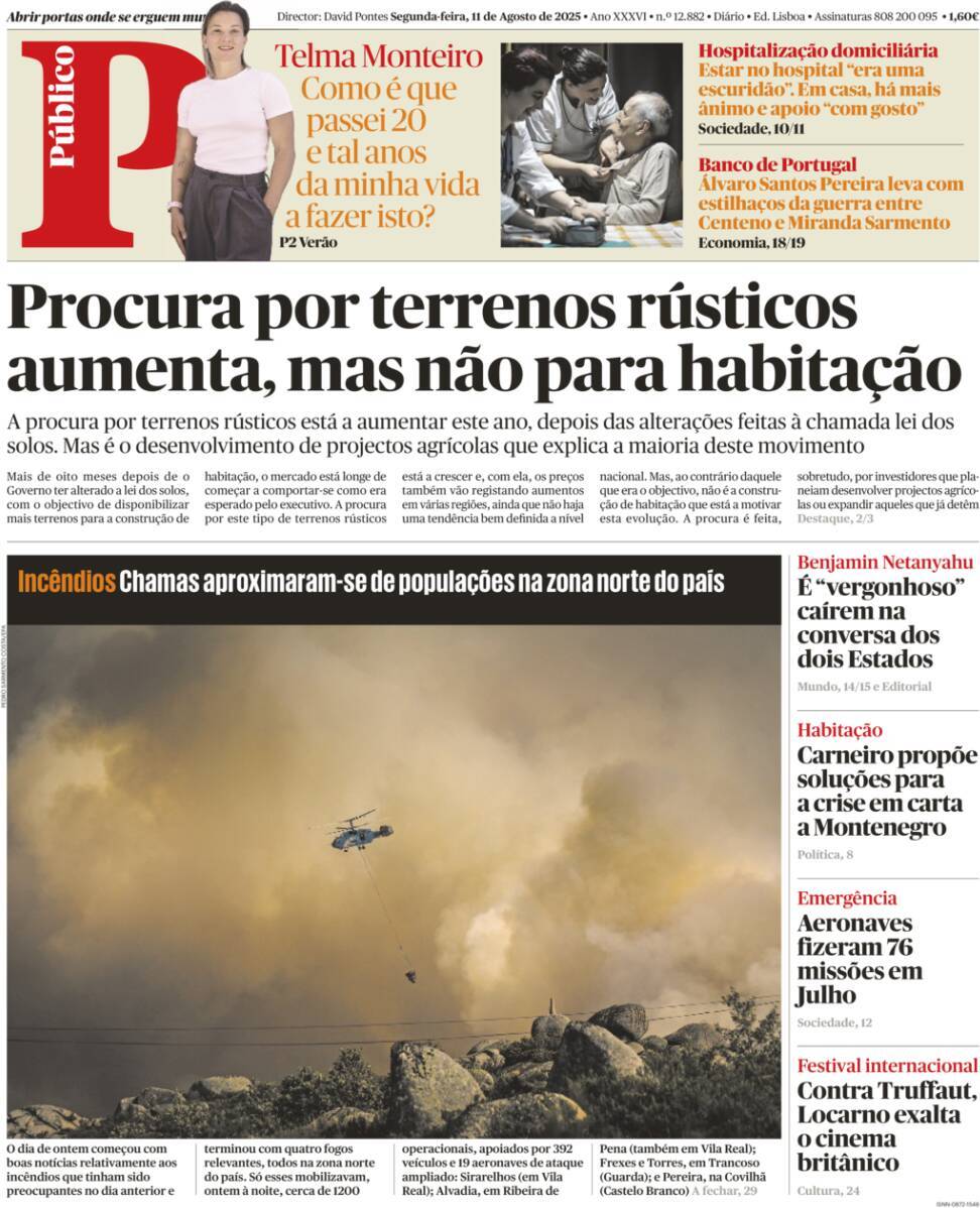 P&uacute;blico: Capa da Edi&ccedil;&atilde;o de segunda-feira, 11 de agosto 2025