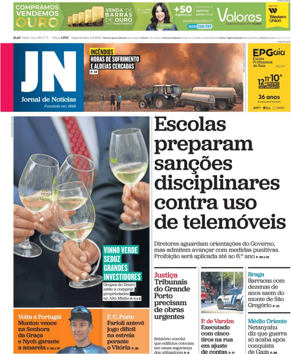 Jornal de Not&iacute;cias: Capa da Edi&ccedil;&atilde;o de segunda-feira, 11 de agosto 2025