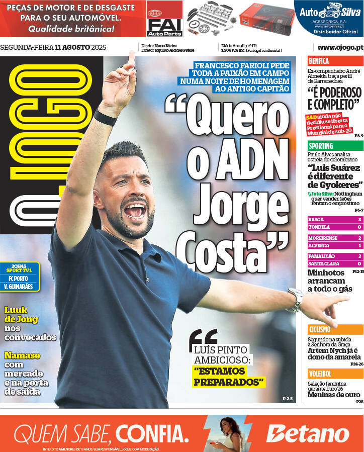 O Jogo: Capa da Edi&ccedil;&atilde;o de segunda-feira, 11 de agosto 2025
