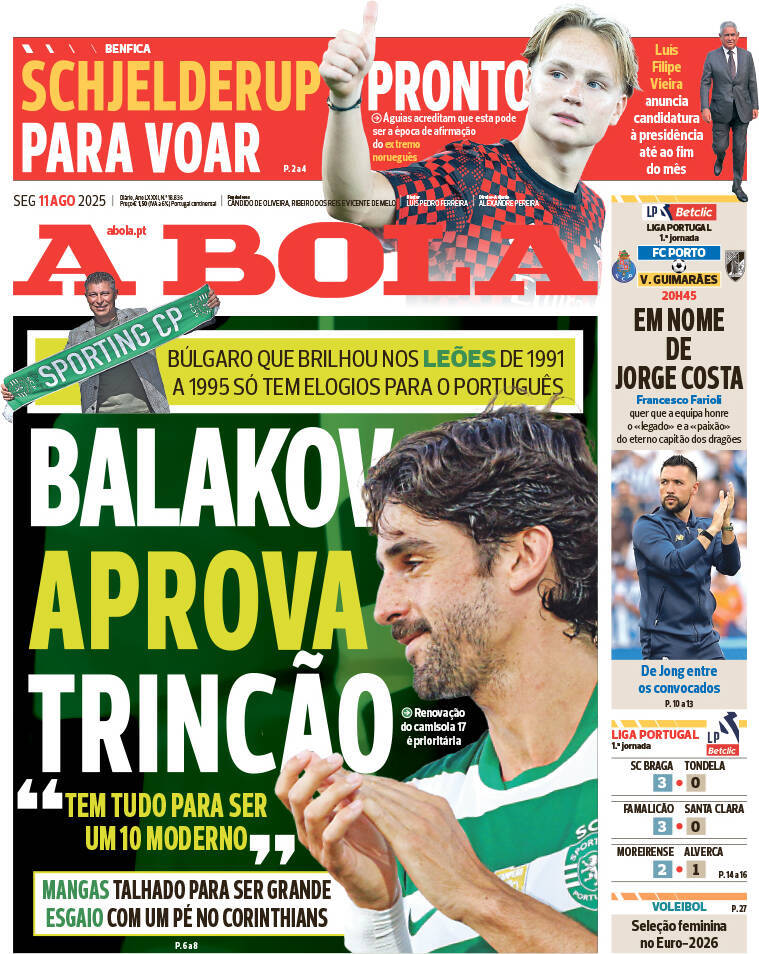 A Bola: Capa da Edi&ccedil;&atilde;o de segunda-feira, 11 de agosto 2025