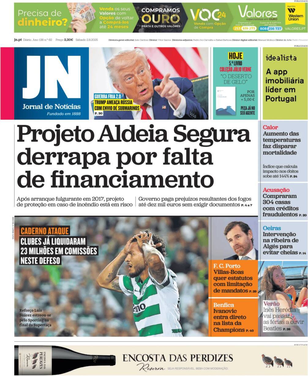 Jornal de Not&iacute;cias: Capa da Edi&ccedil;&atilde;o de s&aacute;bado, 02 de agosto 2025