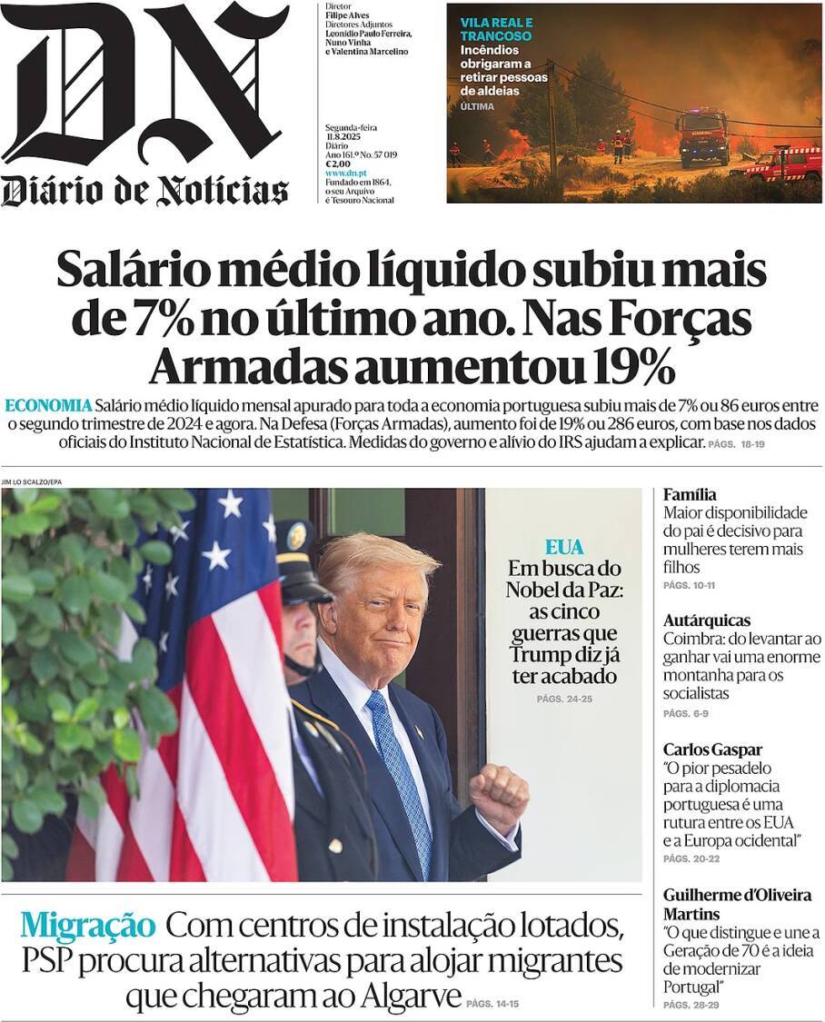 Di&aacute;rio de Not&iacute;cias: Capa da Edi&ccedil;&atilde;o de segunda-feira, 11 de agosto 2025