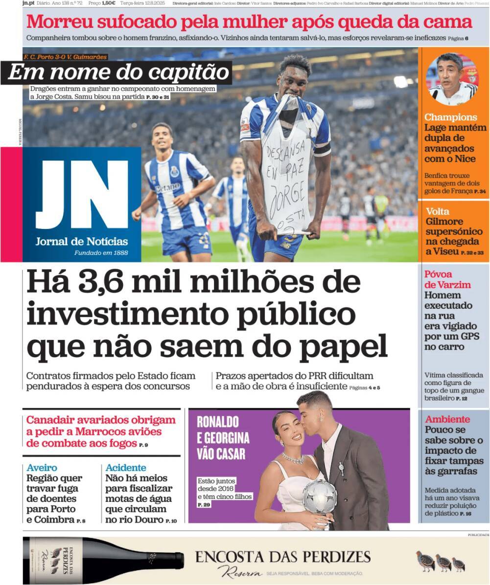 Jornal de Not&iacute;cias: Capa da Edi&ccedil;&atilde;o de ter&ccedil;a-feira, 12 de agosto 2025