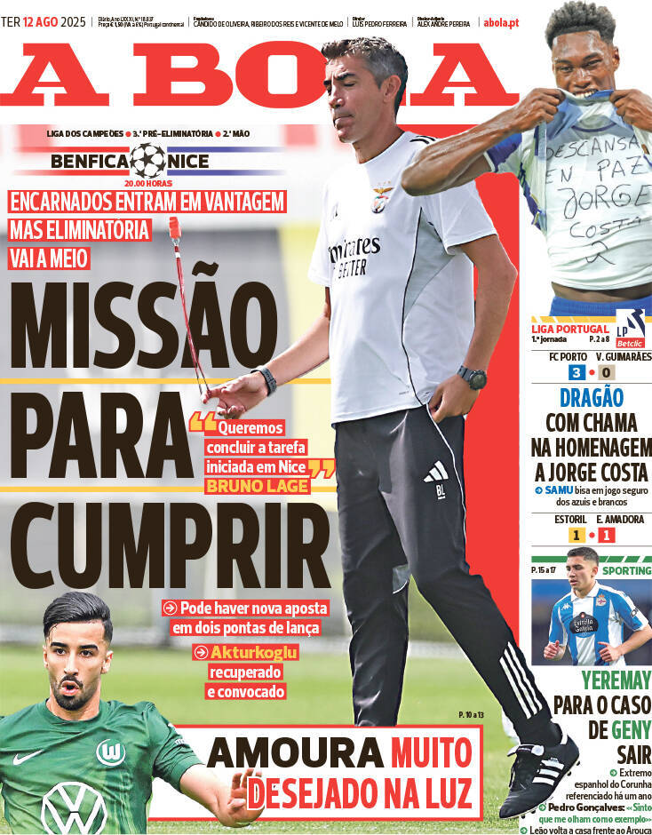 A Bola: Capa da Edi&ccedil;&atilde;o de ter&ccedil;a-feira, 12 de agosto 2025