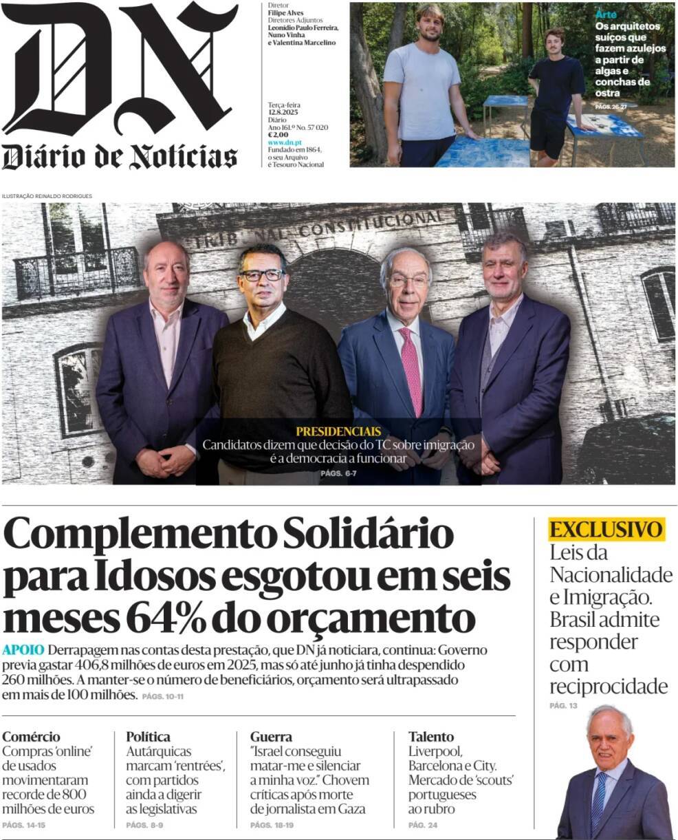 Di&aacute;rio de Not&iacute;cias: Capa da Edi&ccedil;&atilde;o de ter&ccedil;a-feira, 12 de agosto 2025