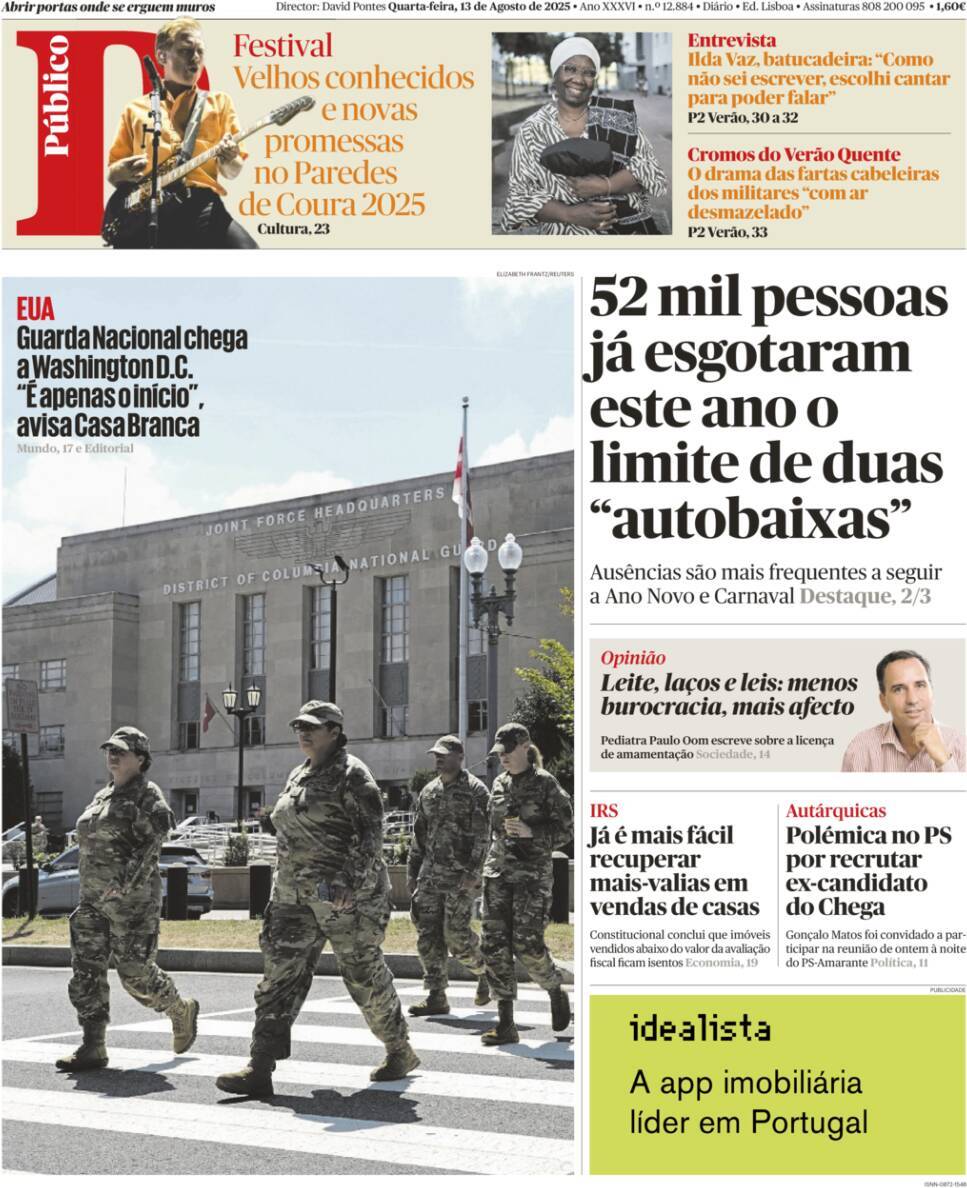 P&uacute;blico: Capa da Edi&ccedil;&atilde;o de quarta-feira, 13 de agosto 2025