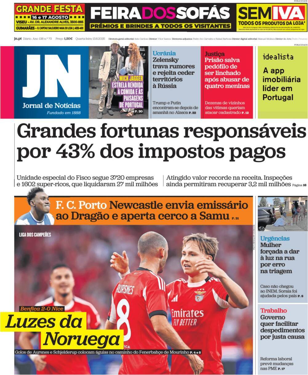 Jornal de Not&iacute;cias: Capa da Edi&ccedil;&atilde;o de quarta-feira, 13 de agosto 2025