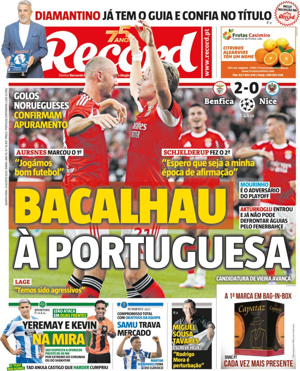 Record: Capa da Edi&ccedil;&atilde;o de quarta-feira, 13 de agosto 2025