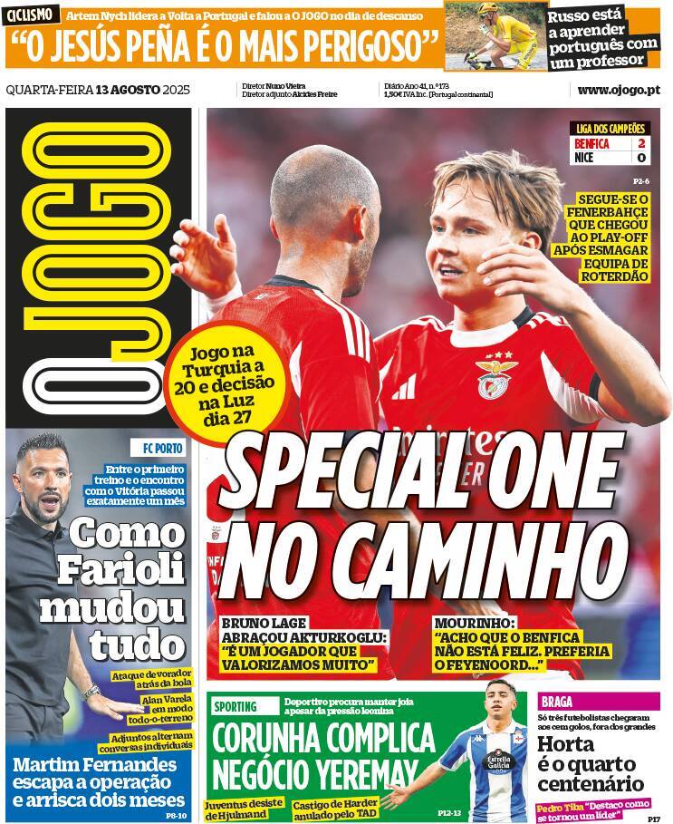 O Jogo: Capa da Edi&ccedil;&atilde;o de quarta-feira, 13 de agosto 2025