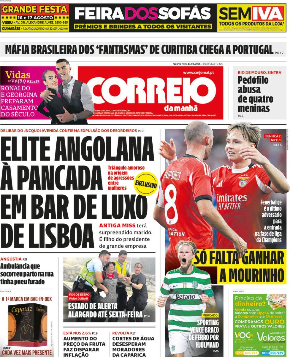 Correio da Manh&atilde;: Capa da Edi&ccedil;&atilde;o de quarta-feira, 13 de agosto 2025