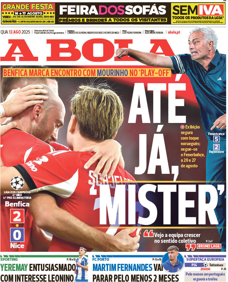 A Bola: Capa da Edi&ccedil;&atilde;o de quarta-feira, 13 de agosto 2025