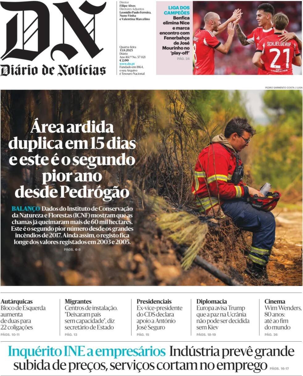 Di&aacute;rio de Not&iacute;cias: Capa da Edi&ccedil;&atilde;o de quarta-feira, 13 de agosto 2025