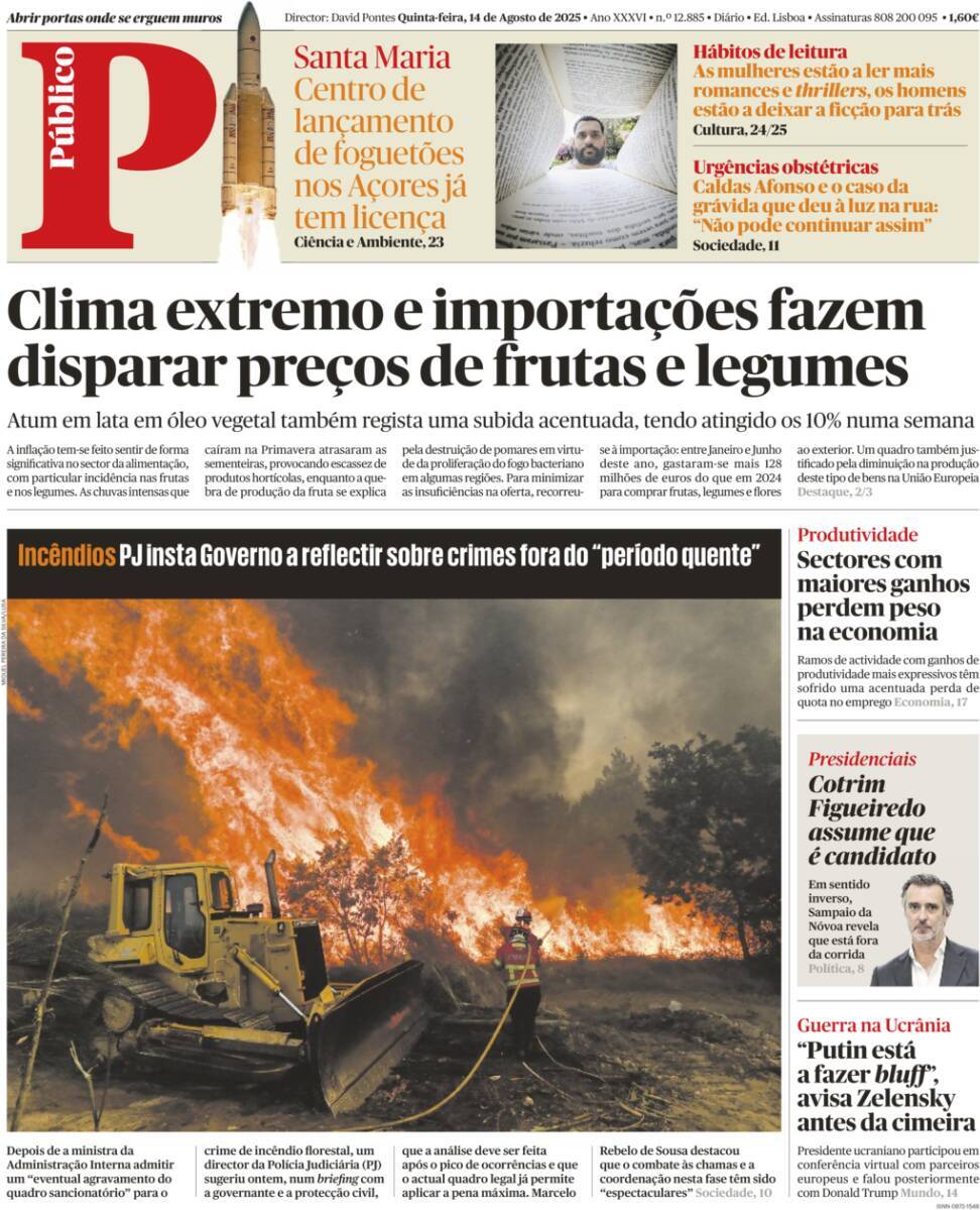 P&uacute;blico: Capa da Edi&ccedil;&atilde;o de quinta-feira, 14 de agosto 2025