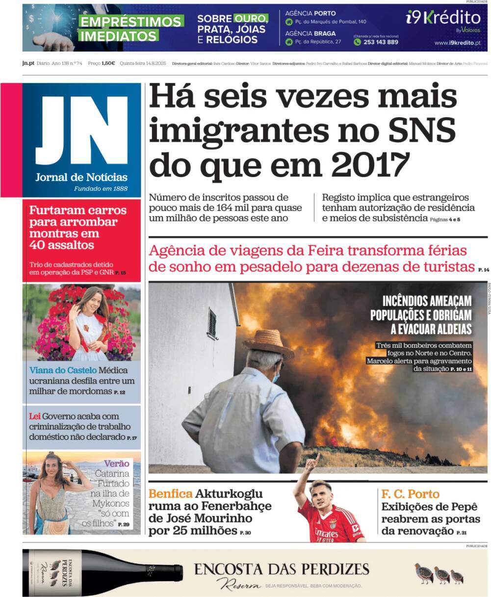 Jornal de Not&iacute;cias: Capa da Edi&ccedil;&atilde;o de quinta-feira, 14 de agosto 2025
