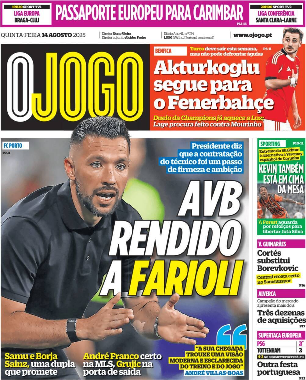 O Jogo: Capa da Edi&ccedil;&atilde;o de quinta-feira, 14 de agosto 2025