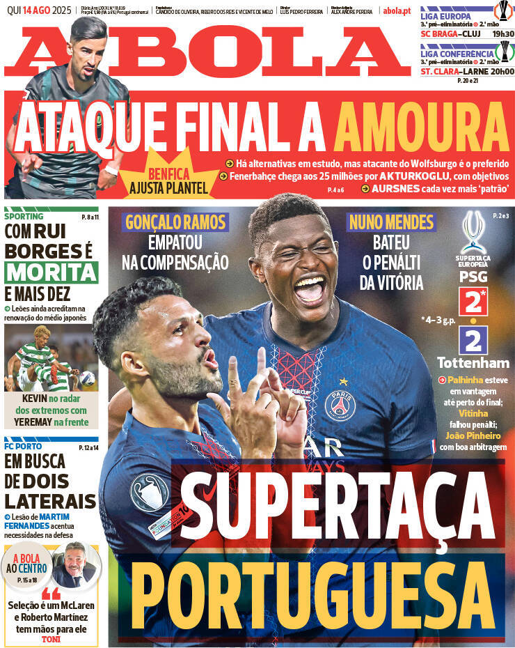 A Bola: Capa da Edi&ccedil;&atilde;o de quinta-feira, 14 de agosto 2025