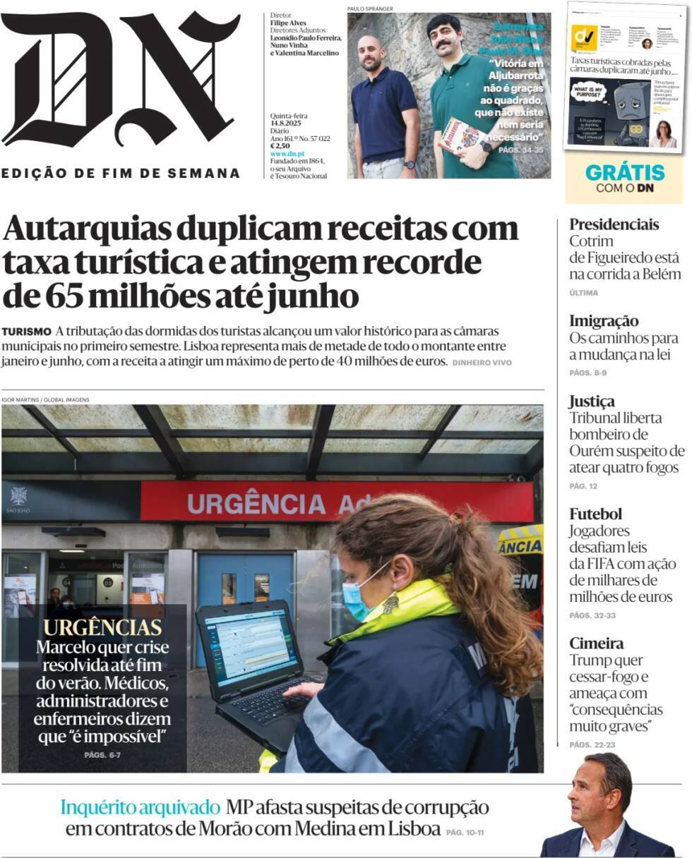 Di&aacute;rio de Not&iacute;cias: Capa da Edi&ccedil;&atilde;o de quinta-feira, 14 de agosto 2025