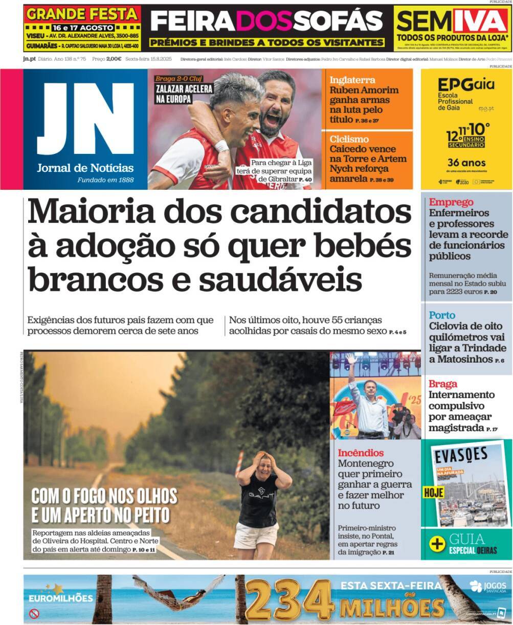 Jornal de Not&iacute;cias: Capa da Edi&ccedil;&atilde;o de sexta-feira, 15 de agosto 2025