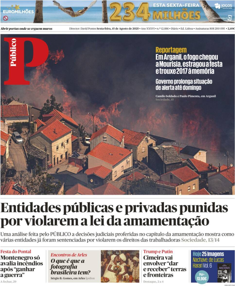 P&uacute;blico: Capa da Edi&ccedil;&atilde;o de sexta-feira, 15 de agosto 2025