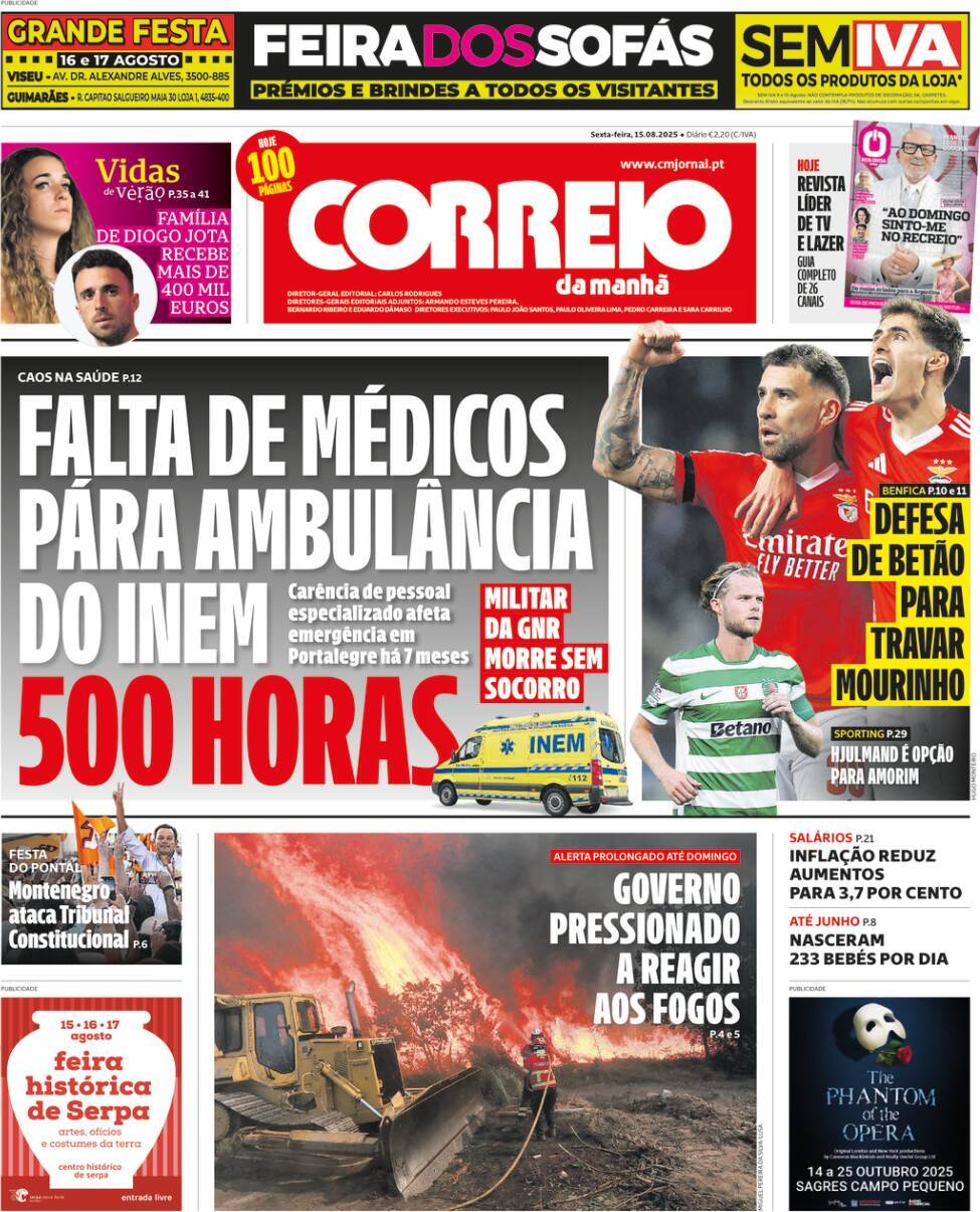 Correio da Manh&atilde;: Capa da Edi&ccedil;&atilde;o de sexta-feira, 15 de agosto 2025