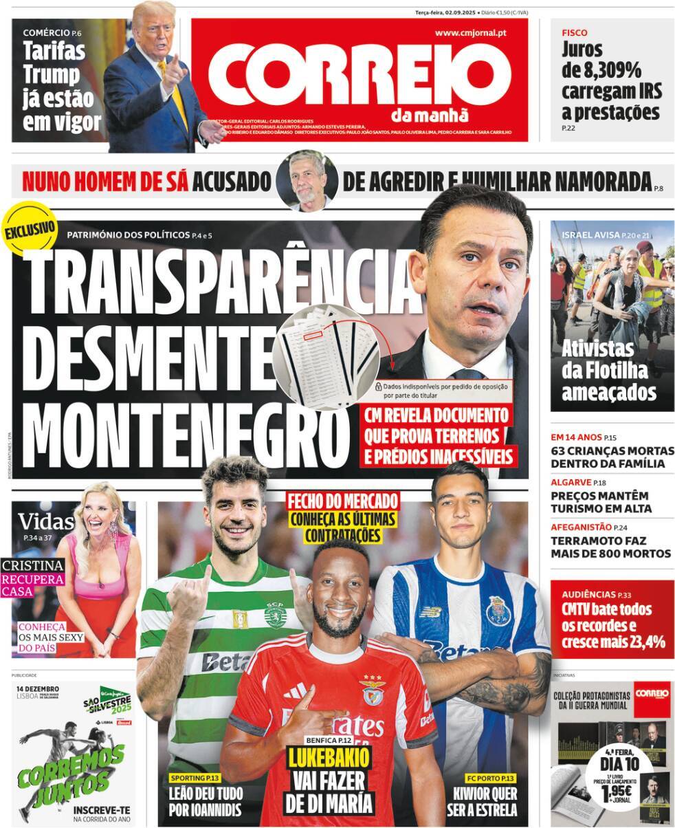 Correio da Manh&atilde;: Capa da Edi&ccedil;&atilde;o de ter&ccedil;a-feira, 02 de setembro 2025