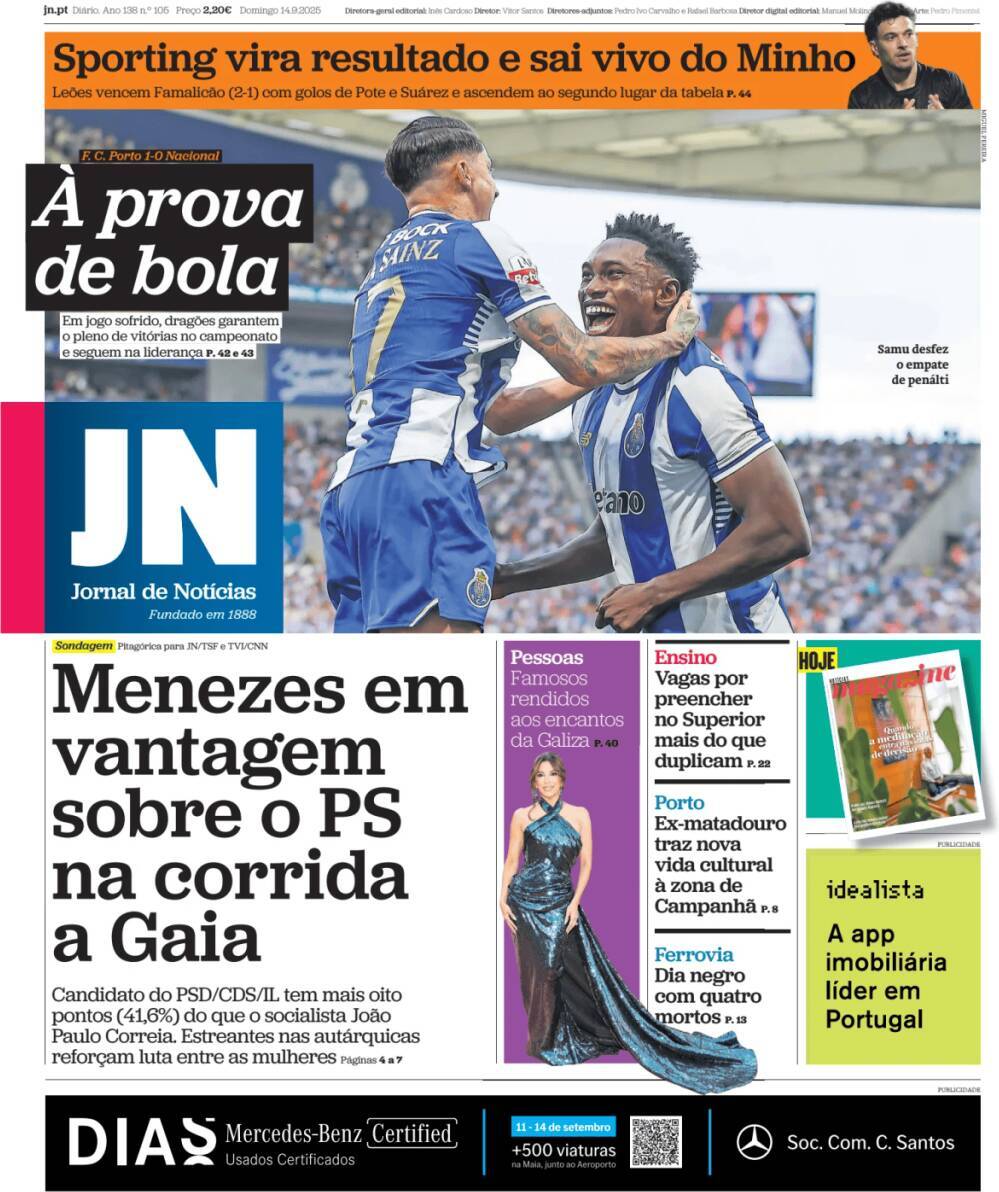 Jornal de Not&iacute;cias: Capa da Edi&ccedil;&atilde;o de domingo, 14 de setembro 2025