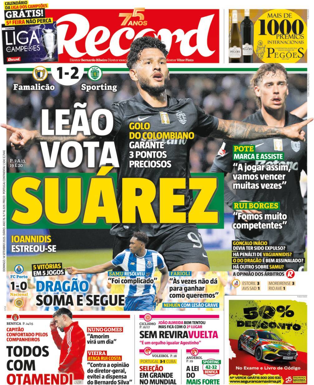 Record: Capa da Edi&ccedil;&atilde;o de domingo, 14 de setembro 2025