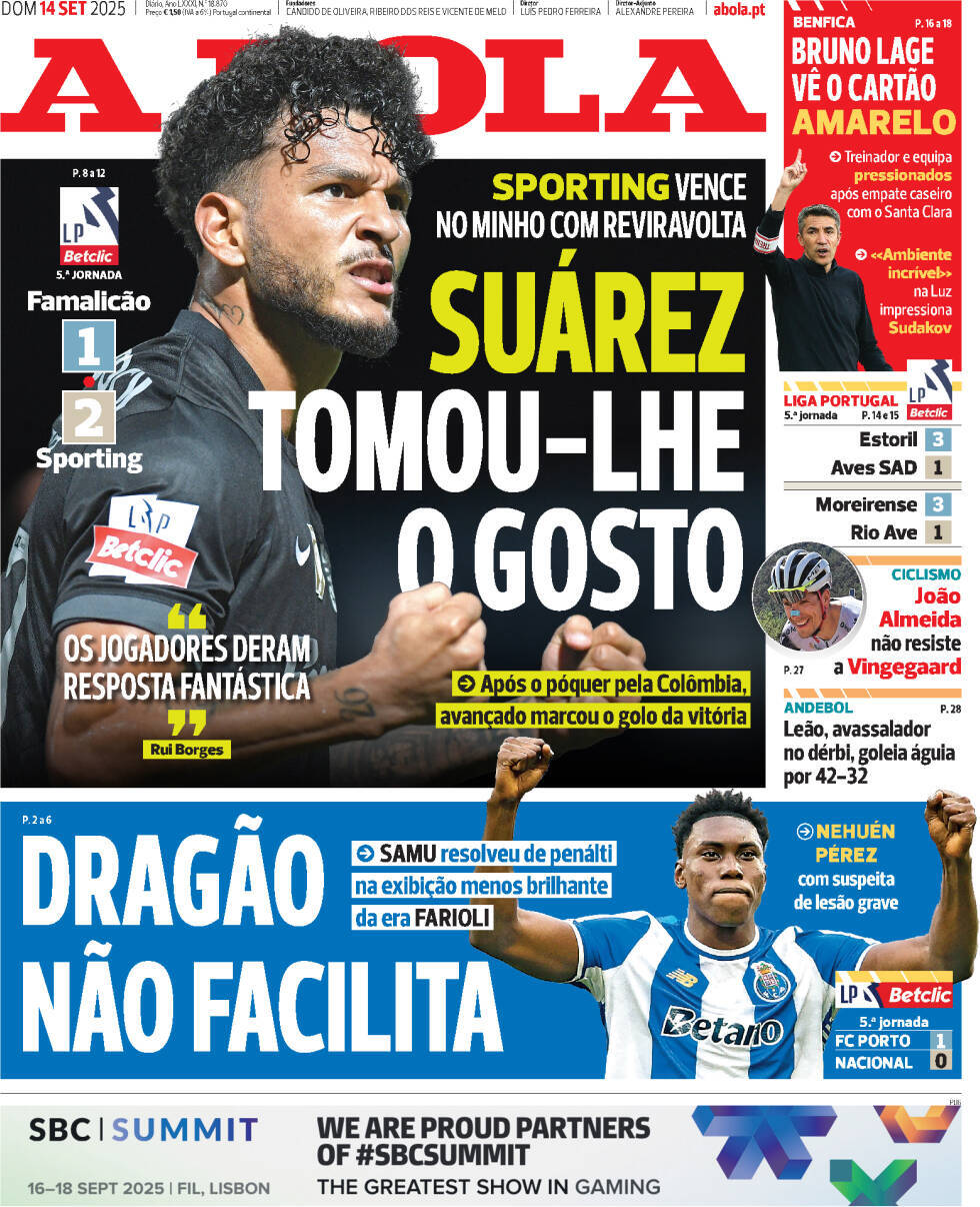 A Bola: Capa da Edi&ccedil;&atilde;o de domingo, 14 de setembro 2025