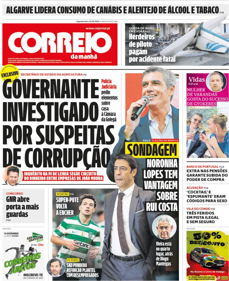 Correio da Manh&atilde;: Capa da Edi&ccedil;&atilde;o de segunda-feira, 15 de setembro 2025