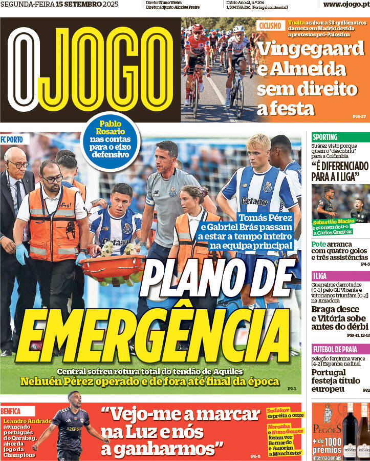 O Jogo: Capa da Edi&ccedil;&atilde;o de segunda-feira, 15 de setembro 2025