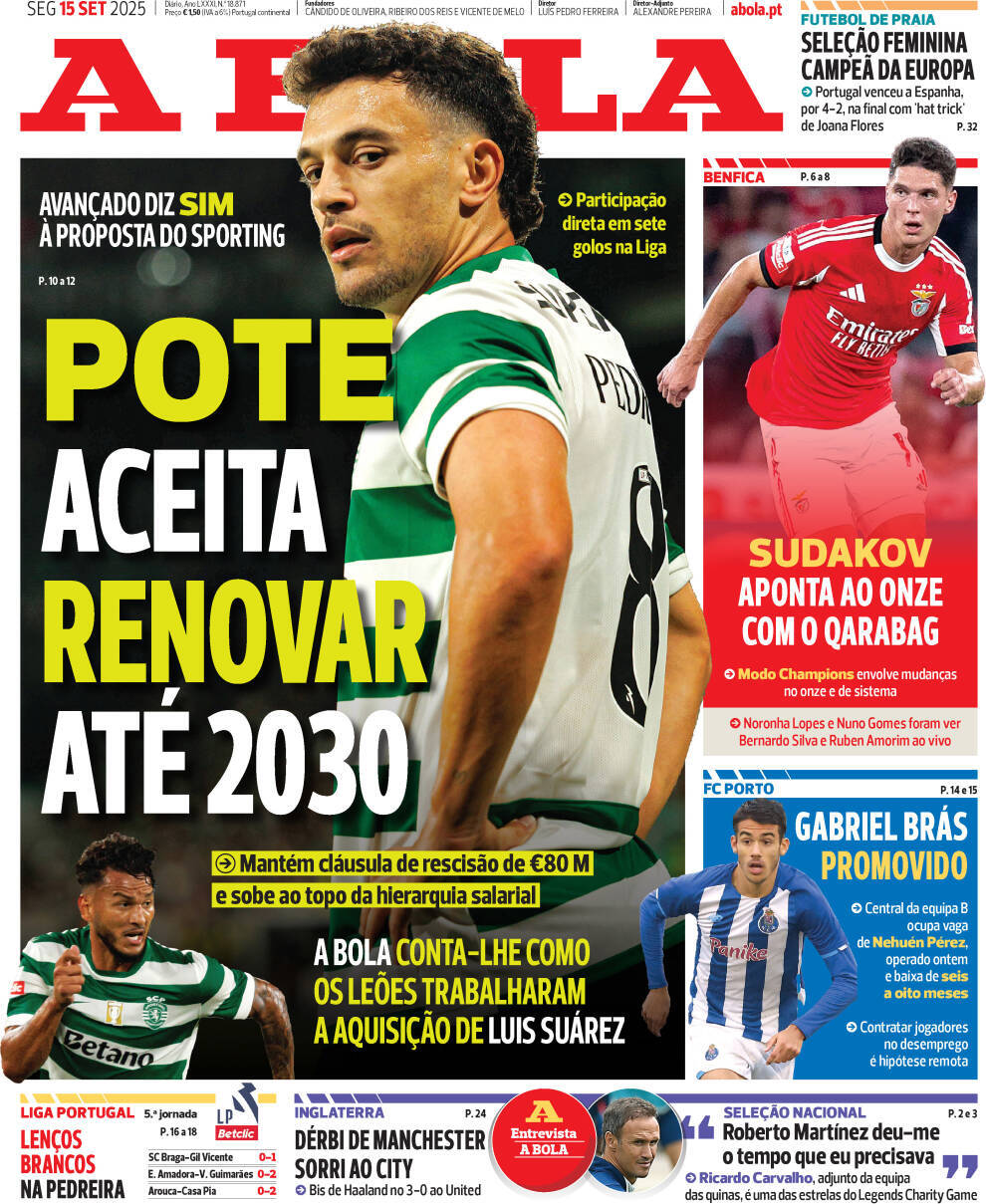 A Bola: Capa da Edi&ccedil;&atilde;o de segunda-feira, 15 de setembro 2025