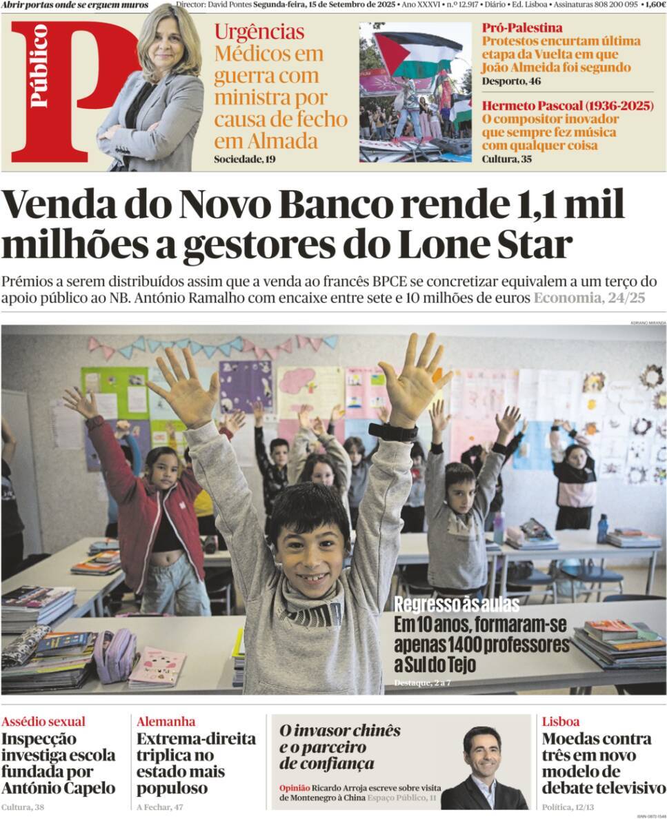 P&uacute;blico: Capa da Edi&ccedil;&atilde;o de segunda-feira, 15 de setembro 2025