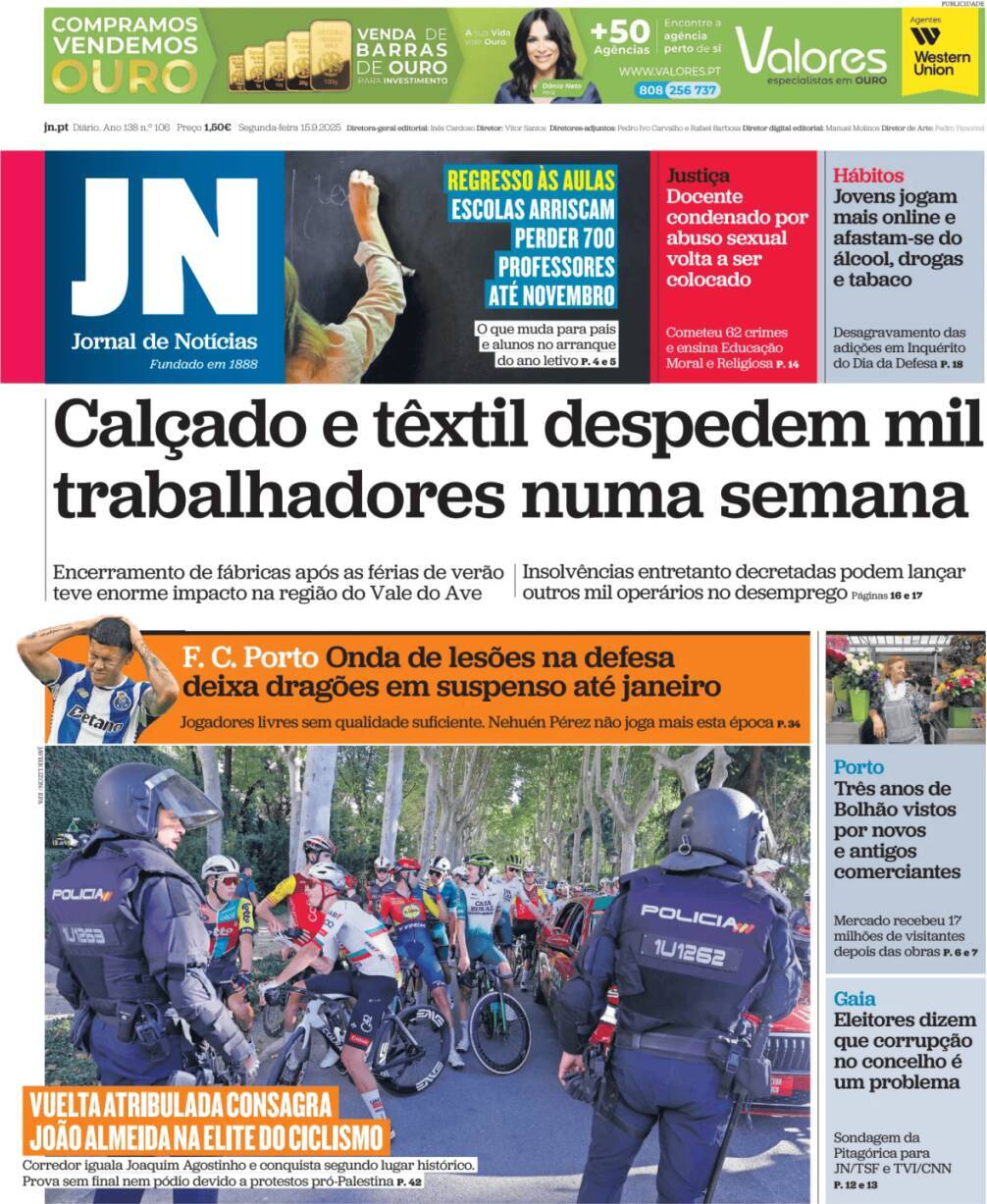 Jornal de Not&iacute;cias: Capa da Edi&ccedil;&atilde;o de segunda-feira, 15 de setembro 2025