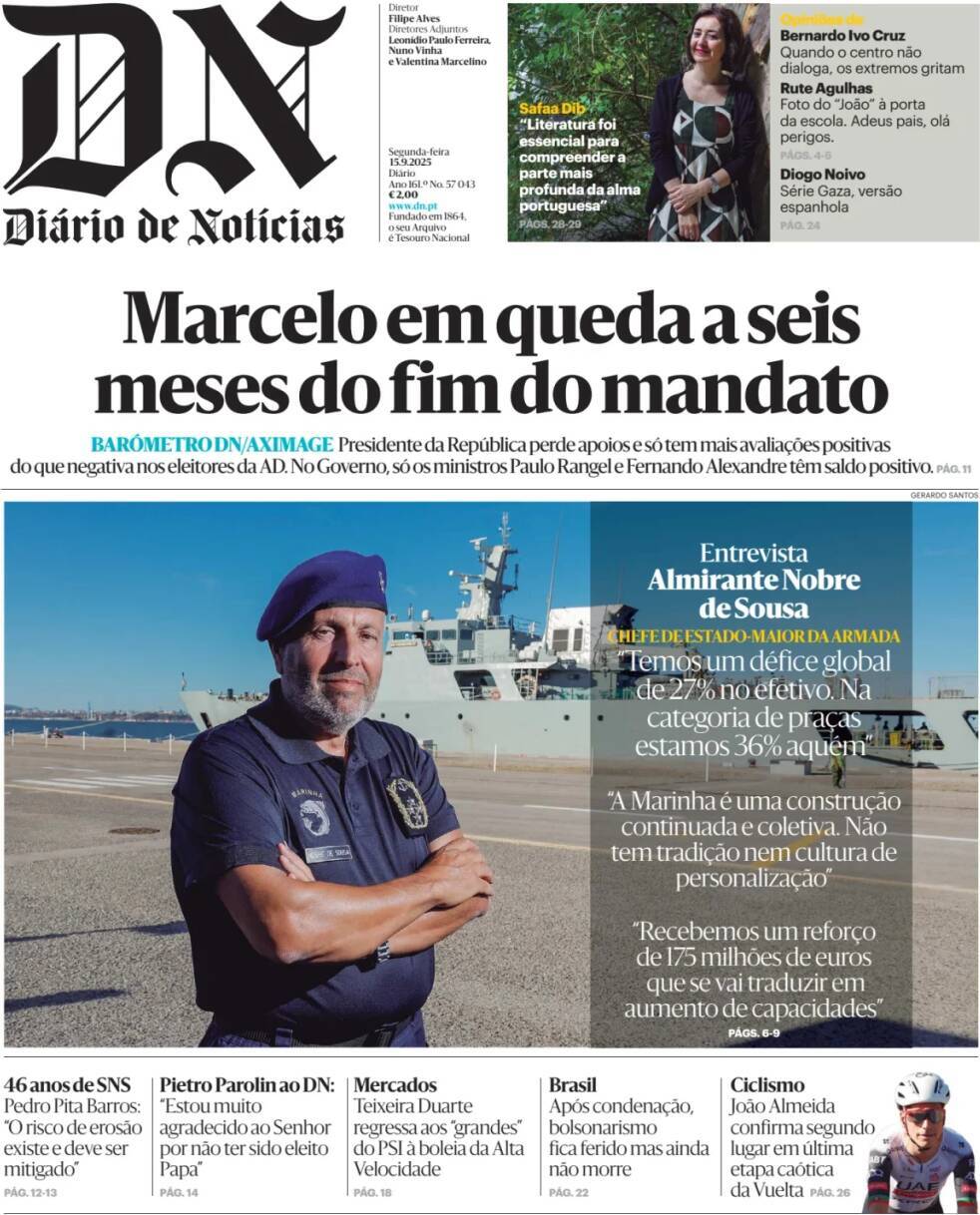 Di&aacute;rio de Not&iacute;cias: Capa da Edi&ccedil;&atilde;o de segunda-feira, 15 de setembro 2025