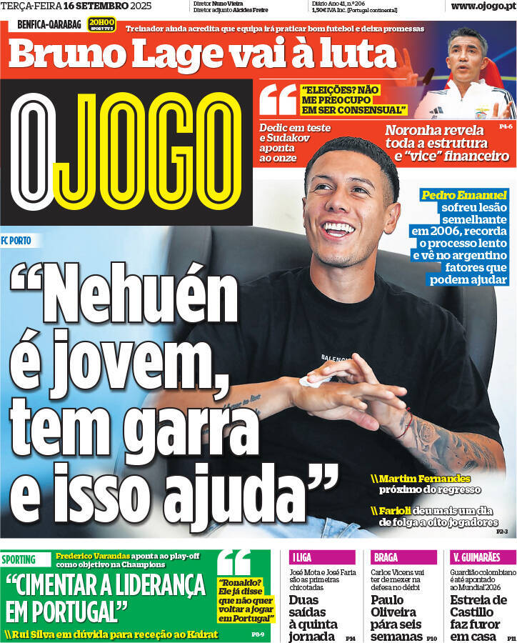 O Jogo: Capa da Edi&ccedil;&atilde;o de ter&ccedil;a-feira, 16 de setembro 2025