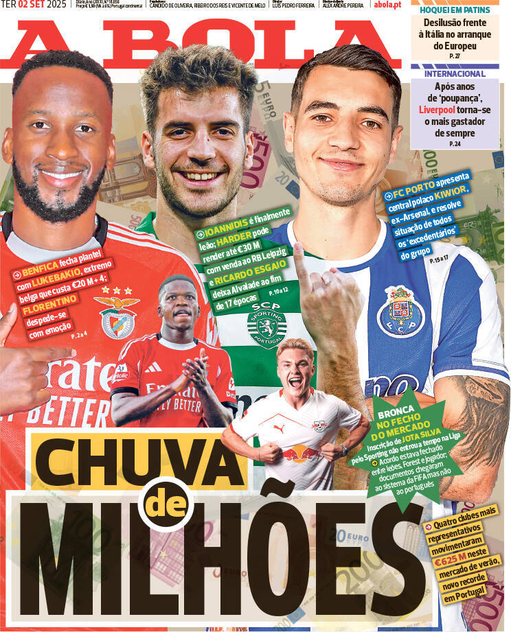 A Bola: Capa da Edi&ccedil;&atilde;o de ter&ccedil;a-feira, 02 de setembro 2025
