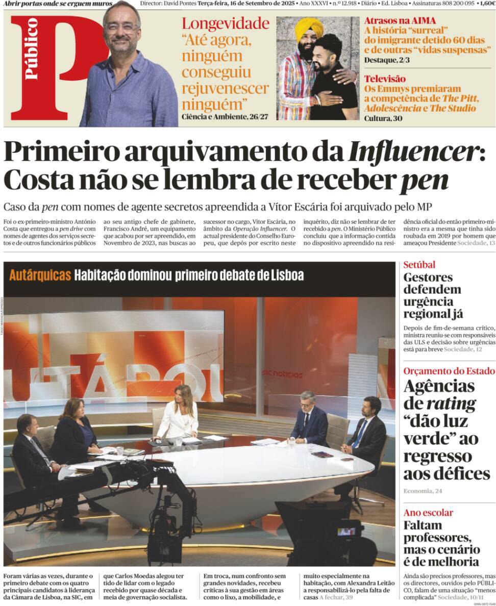 P&uacute;blico: Capa da Edi&ccedil;&atilde;o de ter&ccedil;a-feira, 16 de setembro 2025