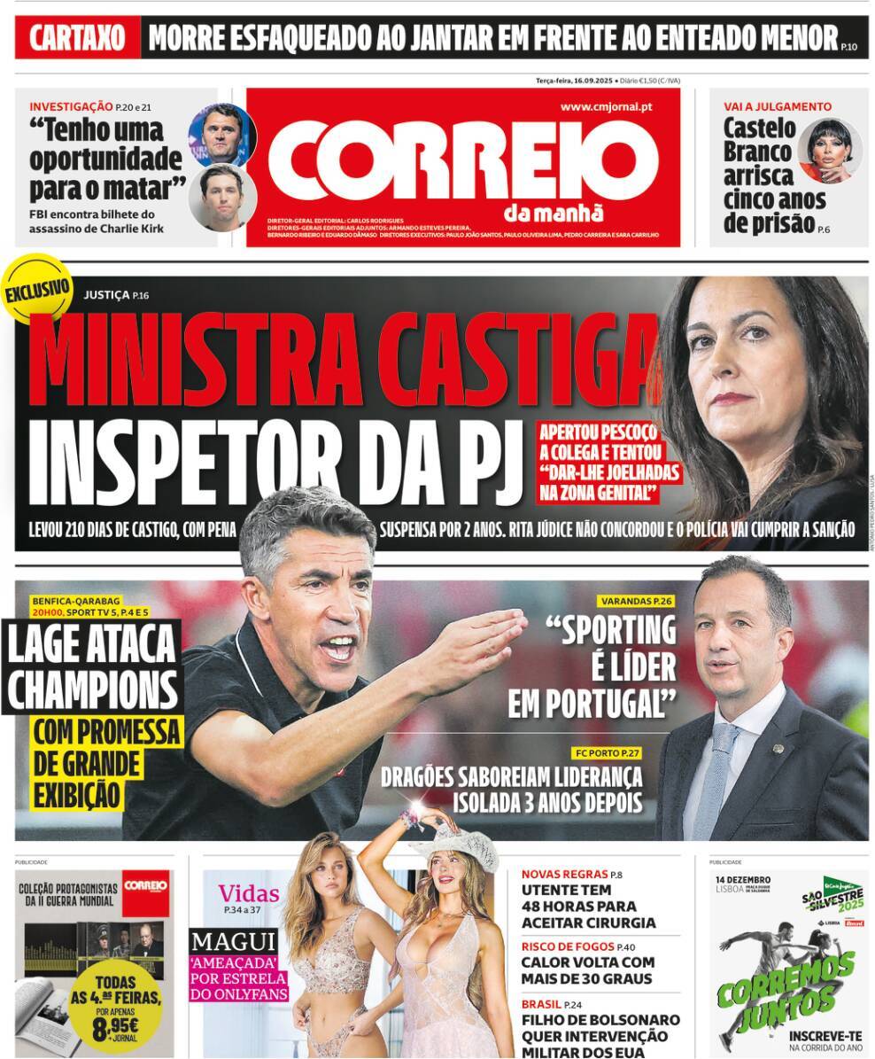 Correio da Manh&atilde;: Capa da Edi&ccedil;&atilde;o de ter&ccedil;a-feira, 16 de setembro 2025