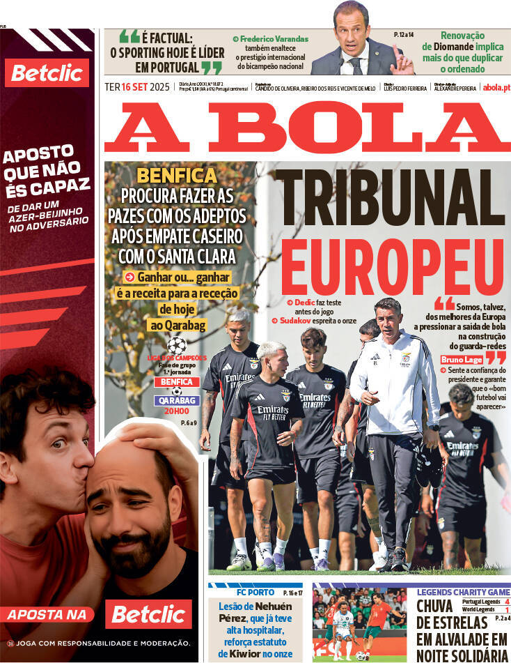 A Bola: Capa da Edi&ccedil;&atilde;o de ter&ccedil;a-feira, 16 de setembro 2025