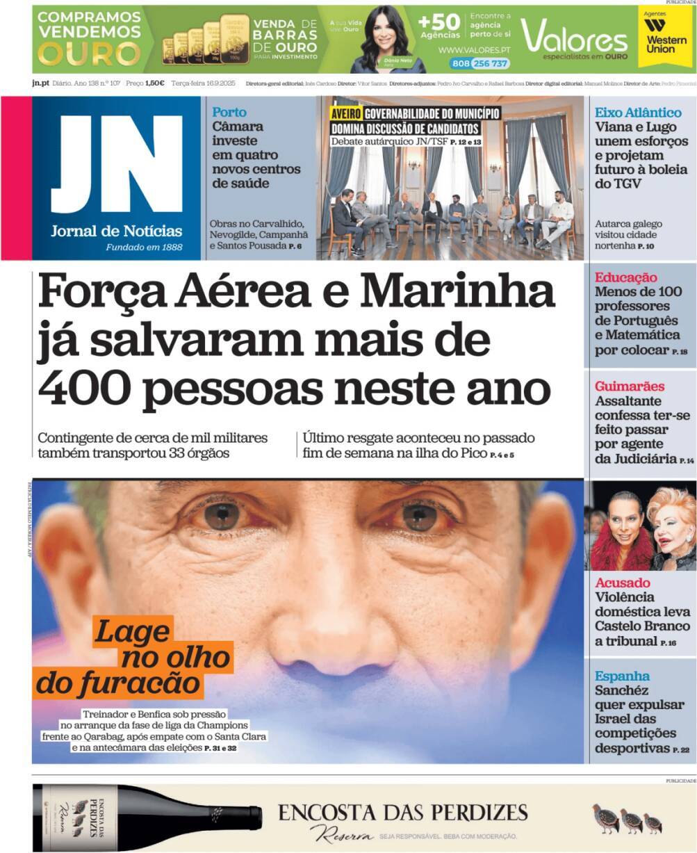 Jornal de Not&iacute;cias: Capa da Edi&ccedil;&atilde;o de ter&ccedil;a-feira, 16 de setembro 2025
