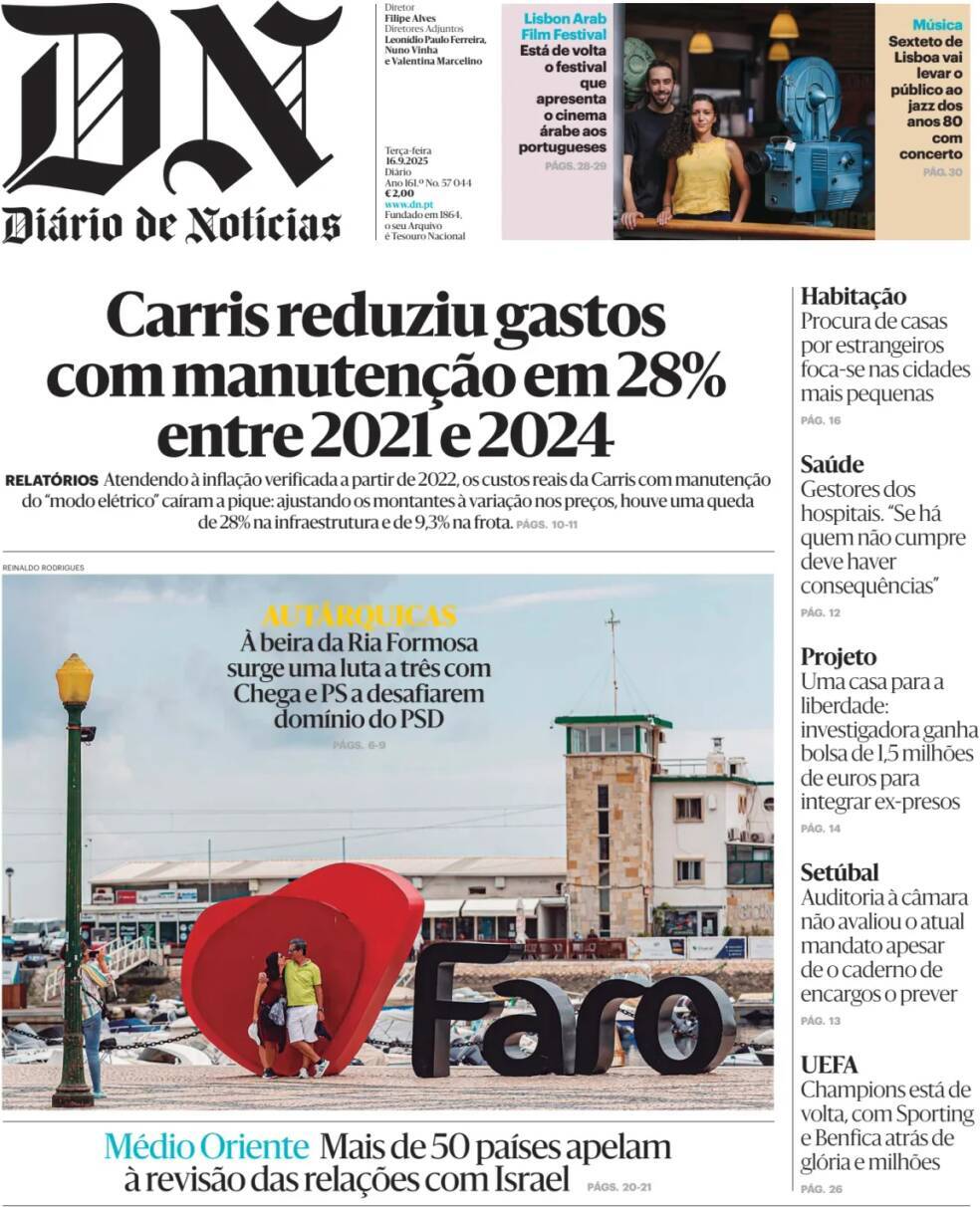 Di&aacute;rio de Not&iacute;cias: Capa da Edi&ccedil;&atilde;o de ter&ccedil;a-feira, 16 de setembro 2025