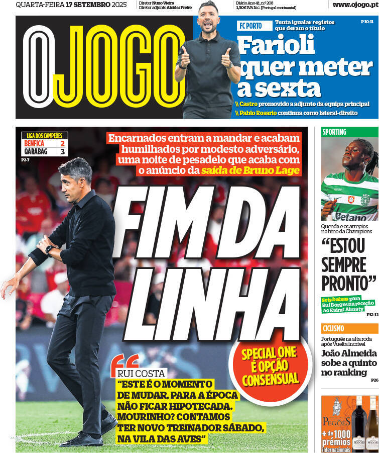 O Jogo: Capa da Edi&ccedil;&atilde;o de quarta-feira, 17 de setembro 2025