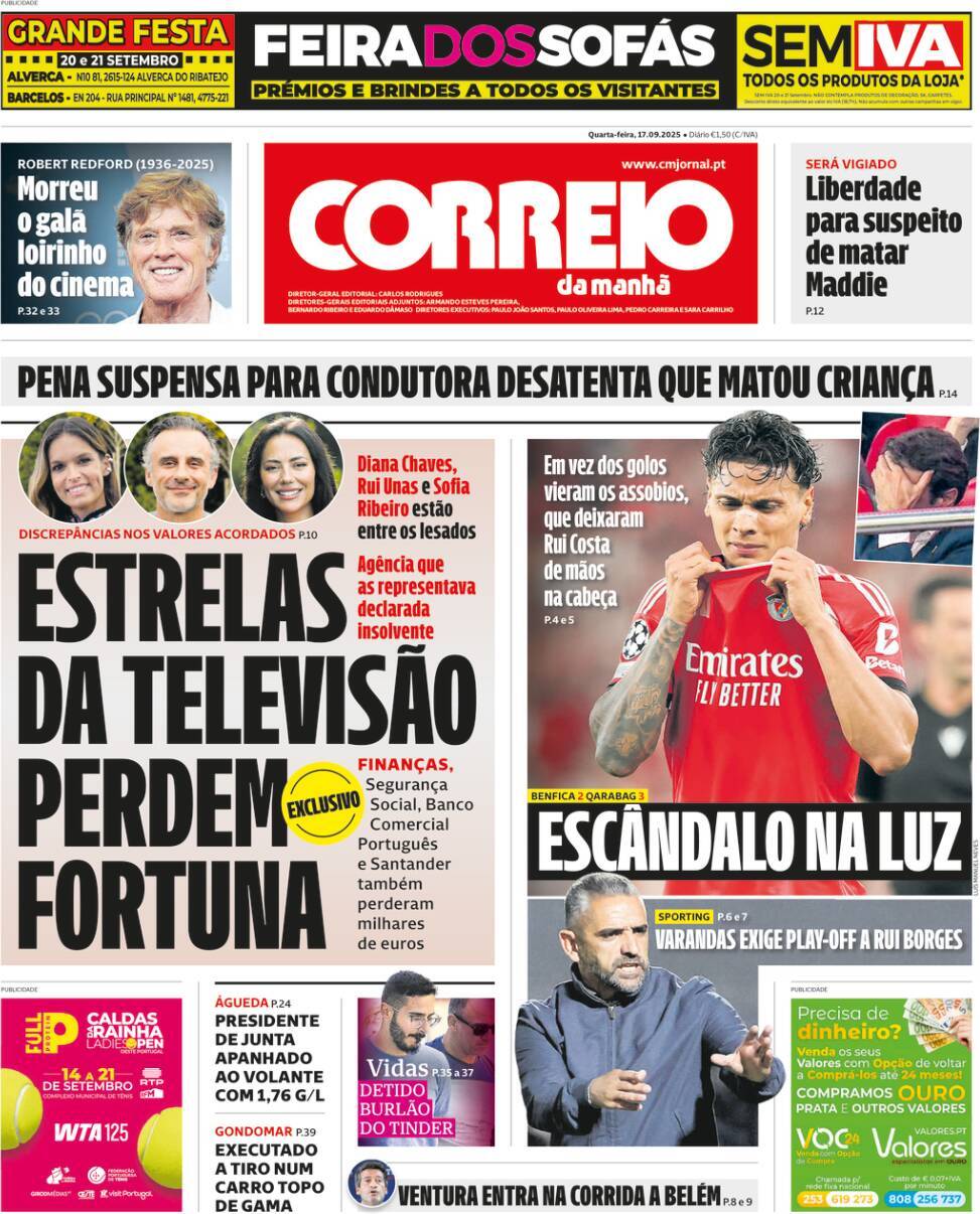 Correio da Manh&atilde;: Capa da Edi&ccedil;&atilde;o de quarta-feira, 17 de setembro 2025